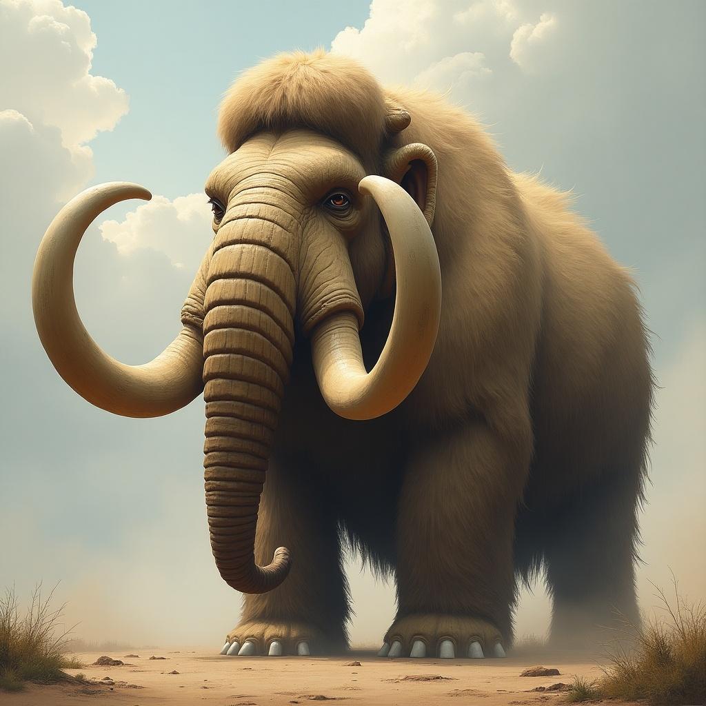 This image depicts a large woolly mammoth-like creature with striking large tusks and long arms reminiscent of a sloth. The creature stands majestically in a serene landscape, surrounded by soft clouds and gentle light. Its fur is thick and fluffy, conveying a sense of strength and warmth. The background is softly blurred, drawing attention to the detailed features of the creature. The environment evokes a prehistoric atmosphere with a hint of fantasy elements, making it visually captivating.