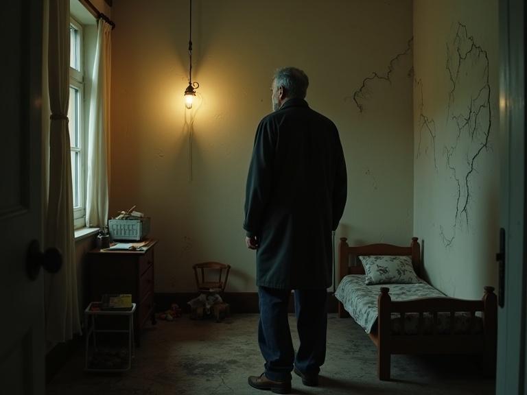 Iyad, a fifties detective with calm features, stands in an old childhood bedroom. The narrow room has scattered toys, a small bed, and dim lighting from a broken lamp. The atmosphere feels eerie with pale walls showing cracks. Iyad looks at the room's contents with a bewildered expression as he recalls memories.