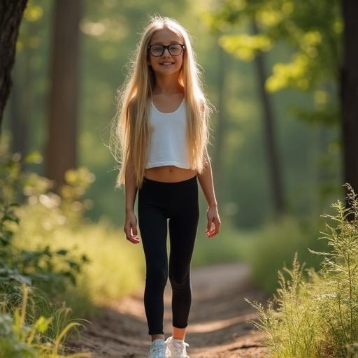 Skinny 11 year old girl standing in a forest. Long straight blonde hair and tanned skin. Wearing glasses, black leggings, white crop top, and white sneakers. Casual expression with a soft smile. One arm slightly raised holding a phone. Trees and foliage in background with scattered sunlight over a dirt path. Amateur photo style with natural outdoor lighting and real-life imperfections such as slight grain.