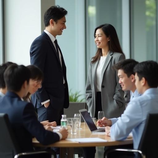After a meeting in an office professionals discuss ideas. A tall elegant man walks over to a young woman. He speaks welcomingly. The young woman smiles with inner flutter.