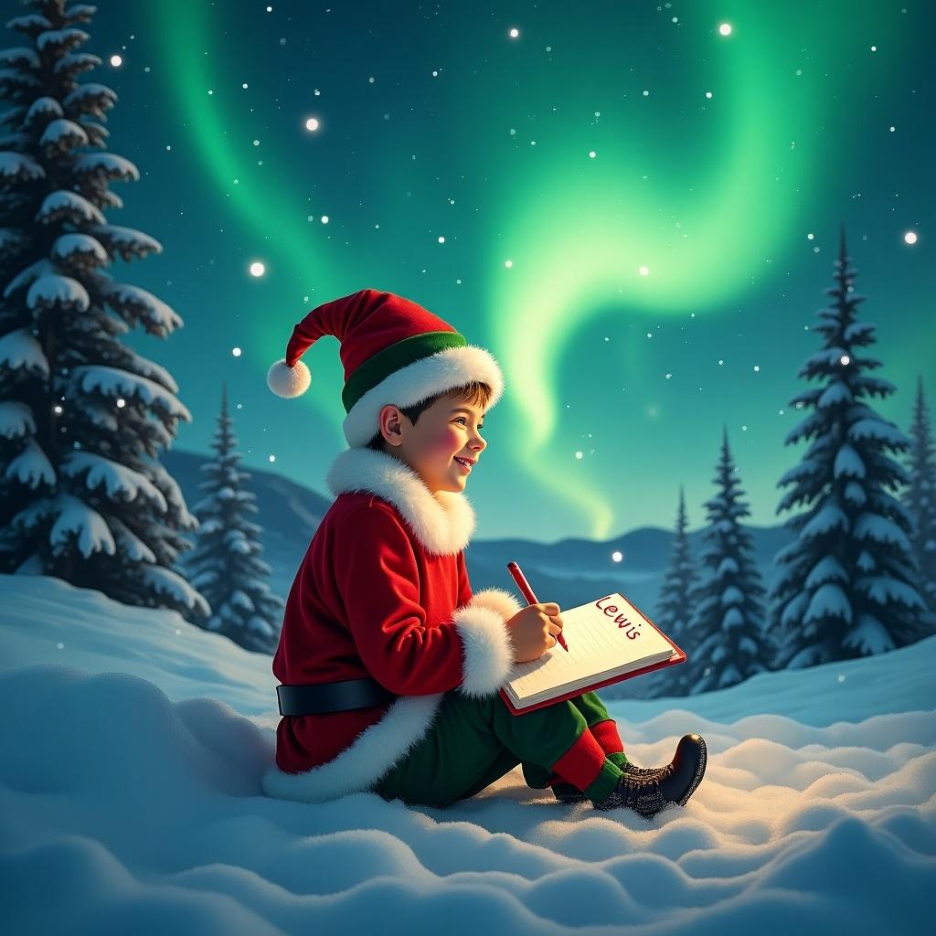 This image depicts a joyful elf writing in a notebook beneath the stunning northern lights. The elf is wearing a festive red and green outfit, complete with a pointed hat. Around the elf, the enchanting glow of the auroras illuminates the snowy scene, creating a magical atmosphere. Snowy trees and distant hills form the backdrop, enhancing the wintery setting. The notebook contains the name 'Lewis', as if the elf is composing a special message. This charming depiction captures the spirit of the holiday season.