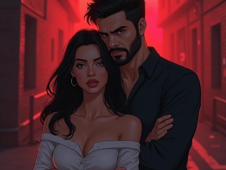 Digital illustration showcasing a handsome serious man behind a beautiful woman in a white blouse. They are close together in an urban setting lit with soft red tones. Both display strong emotions suited for a romantic drama.