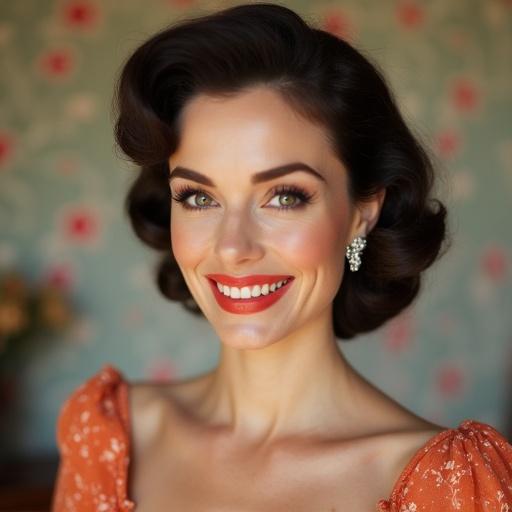 Charming beautiful housewife with vintage hairstyle. Sweetly smiling in a close-up portrait. Wearing diamond earrings with floral wallpaper in the background. Slightly chubby appearance.