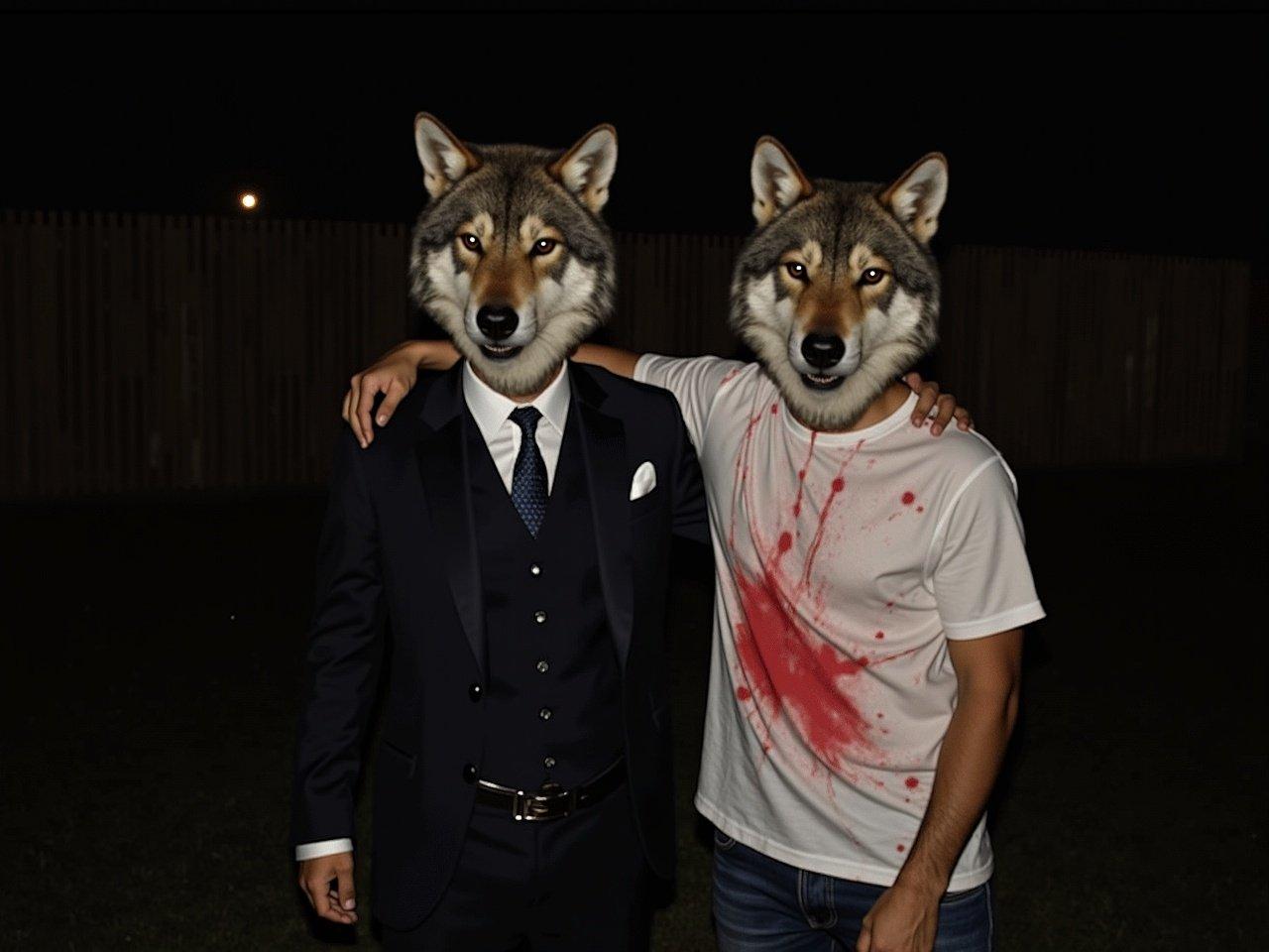 Two individuals stand together in a dimly lit outdoor setting. They are dressed in stylish outfits, one in a suit and the other in a shirt stained with red, giving a dramatic effect. Instead of their heads, each has the head of a wolf, creating an intriguing and artistic transformation. The background features a wooden fence, adding an element of depth to the scene. Their poses suggest a vibe of camaraderie and fun, enhanced by the unique head swap.