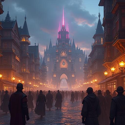 Fantasy MMO game background. City full of people inspired by Ironforge. Features the fantasy logo Bogo Store. Includes subtitles Raids, M+, Gold.
