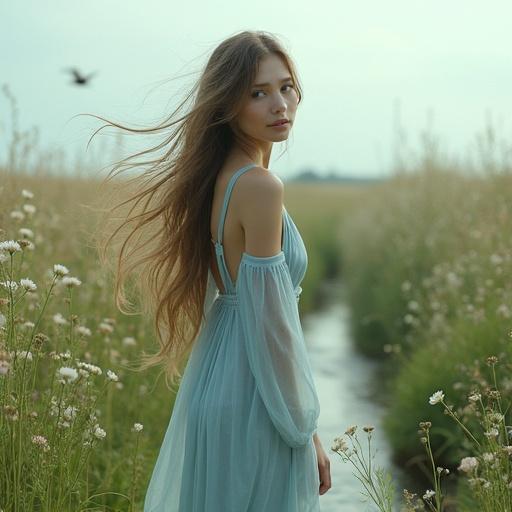 Image depicts a slender woman in a flowing light blue dress standing in a field. Long hair flows in the breeze. Field is filled with wildflowers and greenery. Some flowers float in the air. Soft diffused lighting creates a dreamy atmosphere. Birds fly in the distance. A small stream runs nearby.