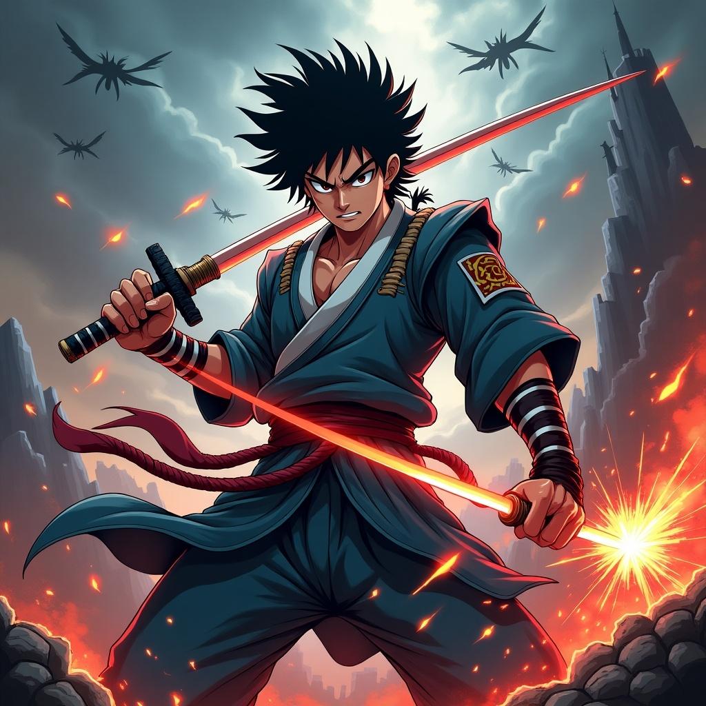 Dynamic and epic anime-style design featuring a skilled warrior slayer. Incorporate sharp lines and bold colors. Character wields a katana with glowing energy. Background shows dark skies and fiery ruins. Include iconic anime features and detailed clothing.