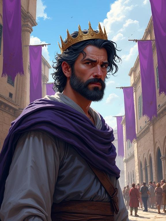 Portrait of a middle-aged man with dark hair and gray streaks. Simple crown and gray traveling clothes. Expression conveys determination and exhaustion. Positioned in a vibrant alley with flowing purple banners. A Greek fantasy city serves as the backdrop, evoking a heroic and epic atmosphere. Semirealistic digital art with soft brush strokes and watercolor splashes completes the scene.