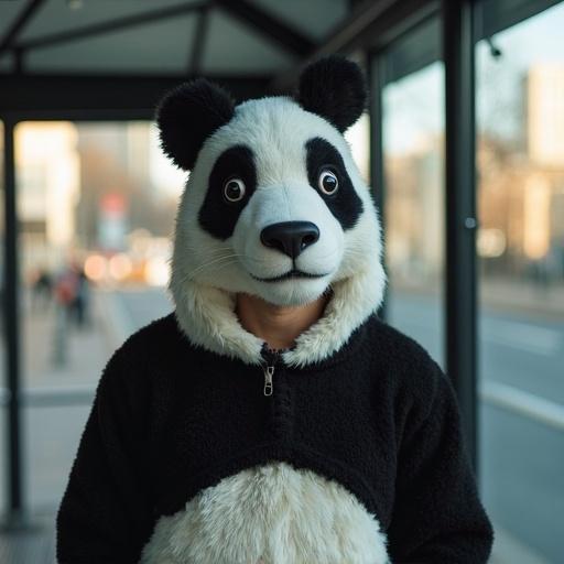 A man inside a panda costume standing at a bus stop in an urban environment.