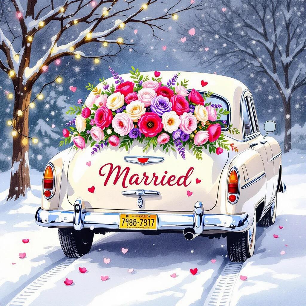 Watercolor art of vintage car back decorated with flowers. Large bouquet in pink, purple and white. Word 'Married' in script on trunk. Small hearts surround lettering. Snow falling gently. Christmas lights around tree and car. Flower petals scattered on snow. Wheel tracks visible. Magical winter scene. Soft watercolor style.
