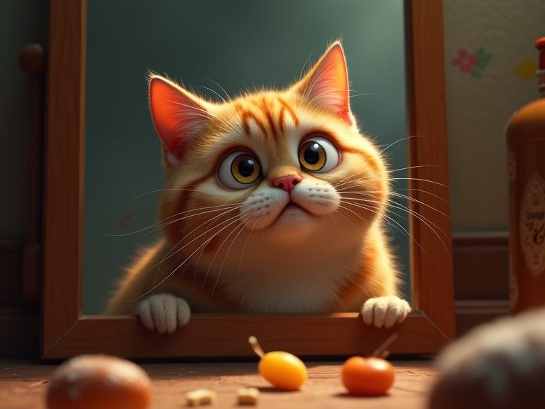 Pixel art style of a chubby orange cat looking shocked in front of a mirror. Junk food scattered around. Cat has a determined expression. Dramatic lighting emphasizes the scene.