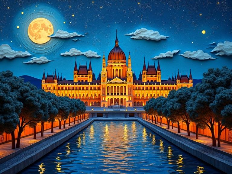 Vibrant papercraft view of the Palace of Parliament skyline. Thick textured layers create an impasto effect. Metallic colors and reflections visible. Depiction under a Van Gogh-style starry sky. Nighttime scene with full moon. Beautiful cityscape made of paper and stationery. High detail and photorealistic. Papercraft aesthetics evident.