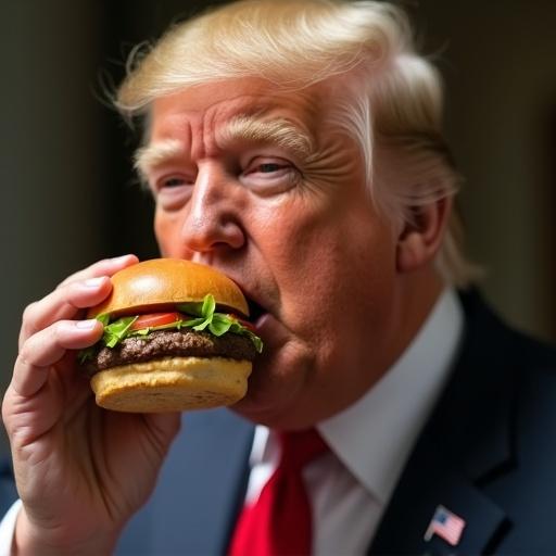 A male figure holding a hamburger close to mouth. The figure has light skin and blonde hair. The background is neutral, focusing on the subject.