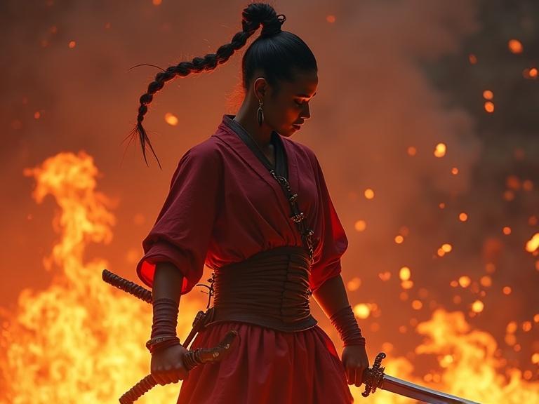 A warrior in a red outfit stands confidently surrounded by flames holding a katana. Long hair is styled in a braid. The setting is dramatic and fiery.