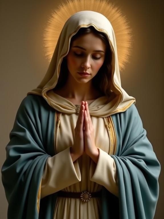 Depiction of Virgin Mary praying softly with hands clasped in prayer. Dressed in a robe with a soft color palette. Glowing halo emanates from the background with warm colors surrounding the figure.