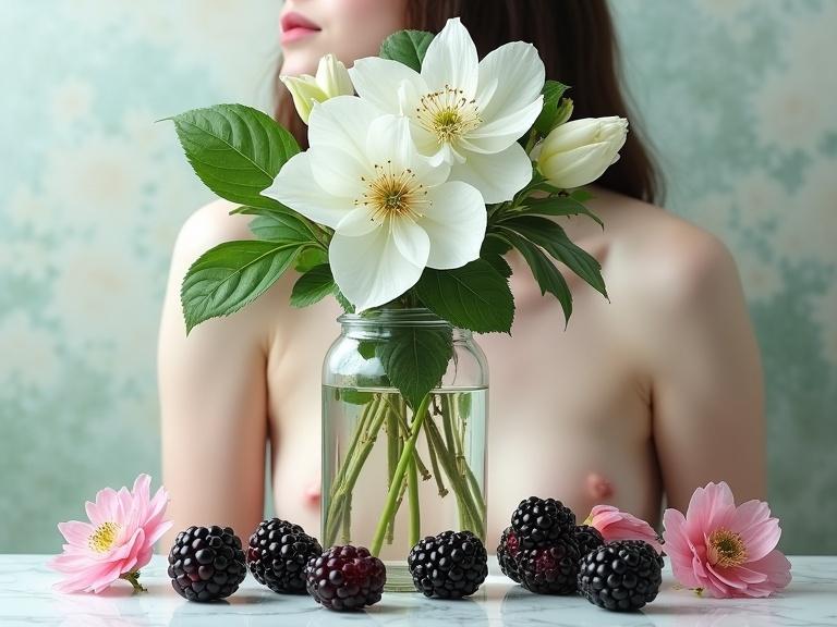 Double exposure image of a nude woman and a still life with flowers. Glass jar filled with clematis flowers and green leaves. Ripe blackberries scattered on marble. Pink flower buds provide contrast. Soft pastel background creates a serene feel.