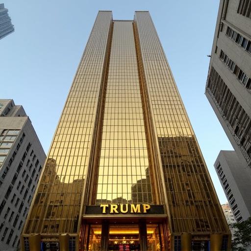 Tall golden glass building resembling Trump Tower located in Lisbon. 'TRUMP' letters prominently displayed above entrance.