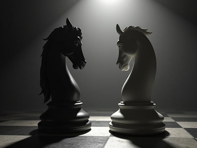 Two chess figures depicted as male and female statues. They are engaged in a fierce battle. Black and white themes dominate the image. Caravaggio-style lighting enhances the drama. The scene uses chiaroscuro for contrast. 3D rendering techniques are utilized.