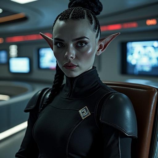 Female alien starfleet officer in black outfit. She has grey skin big black eyes and pointy ears. Black cornrows hairstyle. Sitting in captain's chair on bridge of a starship.