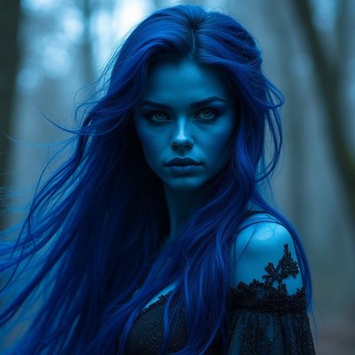 Deep-blue enchantress named Smurfessa Nocturne with flowing blue hair in moonlit forest. Features silver-lake eyes and a velvet voice. Radiates sensual energy in shimmering silk attire. Moves gracefully like wind through trees.