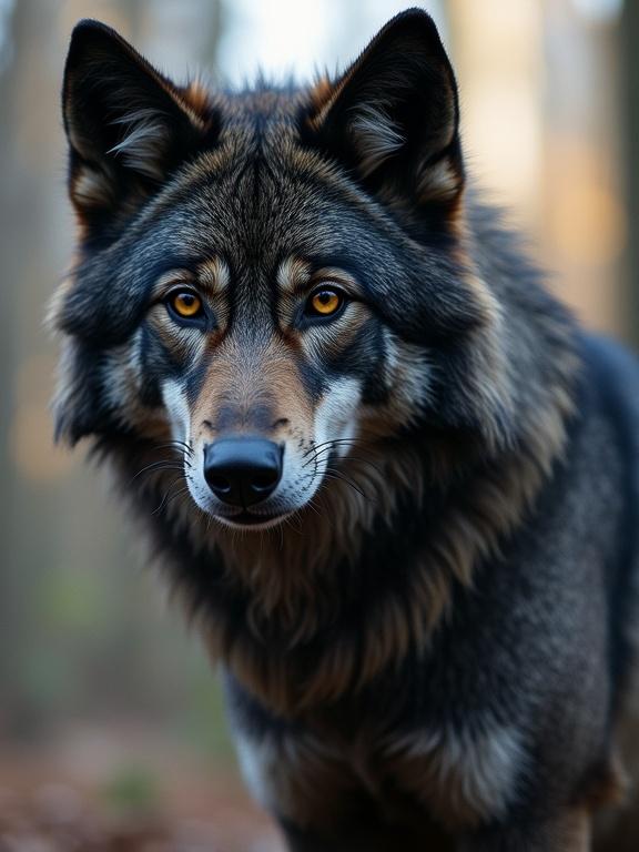 Close-up portrait of a wolf with piercing golden eyes. The wolf has a thick fur coat with shades of gray and brown. Background is blurry and natural, suggesting an outdoor setting.