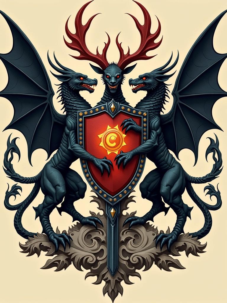 Design a family crest. Incorporate demonic traits. Emphasize trust and togetherness. Symbolize stability. Include dragons and a shield.