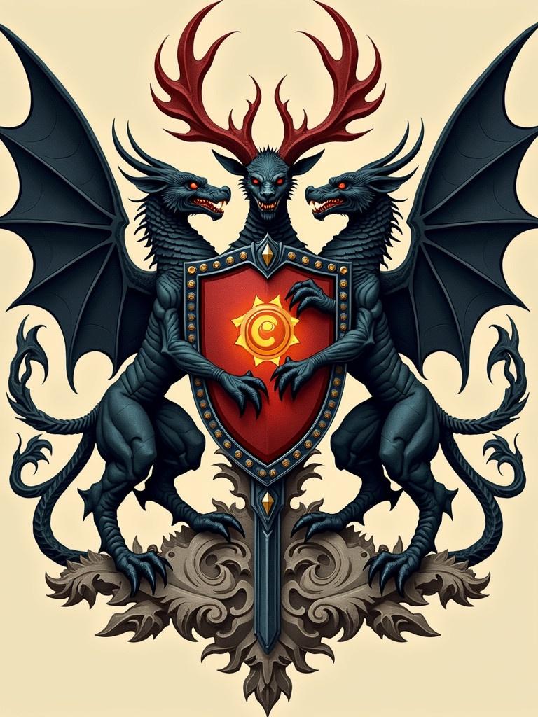 Design a family crest. Incorporate demonic traits. Emphasize trust and togetherness. Symbolize stability. Include dragons and a shield.