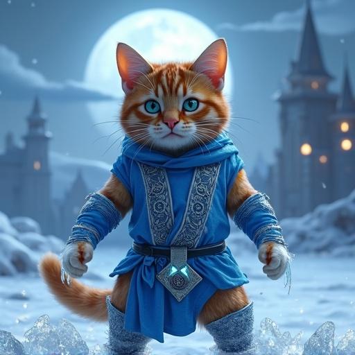 Ginger tabby cat dressed as Sub-Zero in blue ninja outfit stands on frozen battlefield. Paw extended with frost swirls. Ice crystals form at its feet. Fierce expression and glowing blue eyes. Frozen palace under moonlit sky. Dark fantasy tone. Blood splatters on ice.