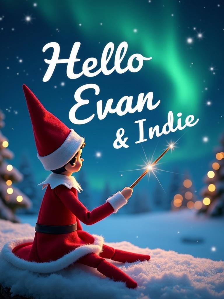 Elf on the shelf facing the sky. Using a wand to write names in the sky. Background features northern lights and Christmas theme. Text Hello Evan & Indie elegantly displayed in the sky.