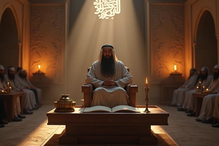 A 3D cinematic render of an Islamic courtroom in ancient Medina. A wise Qazi with a long beard sits on an elevated wooden seat. Scrolls, ink pots, and lit candles are arranged on both sides. Stone walls feature carved Islamic geometric patterns. Soft lighting comes from sunlight and flickering candles. The mood is calm and serious, reflecting justice and dignity. Several people sit quietly in the background. Arabic calligraphy adorns the wall. Highly detailed render, realistic lighting, muted desert tones.