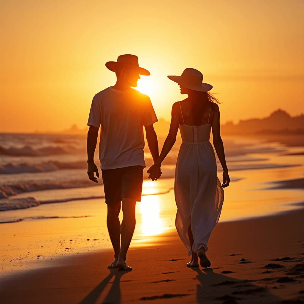 A couple walks hand in hand along the beach during a bright orange sunset.