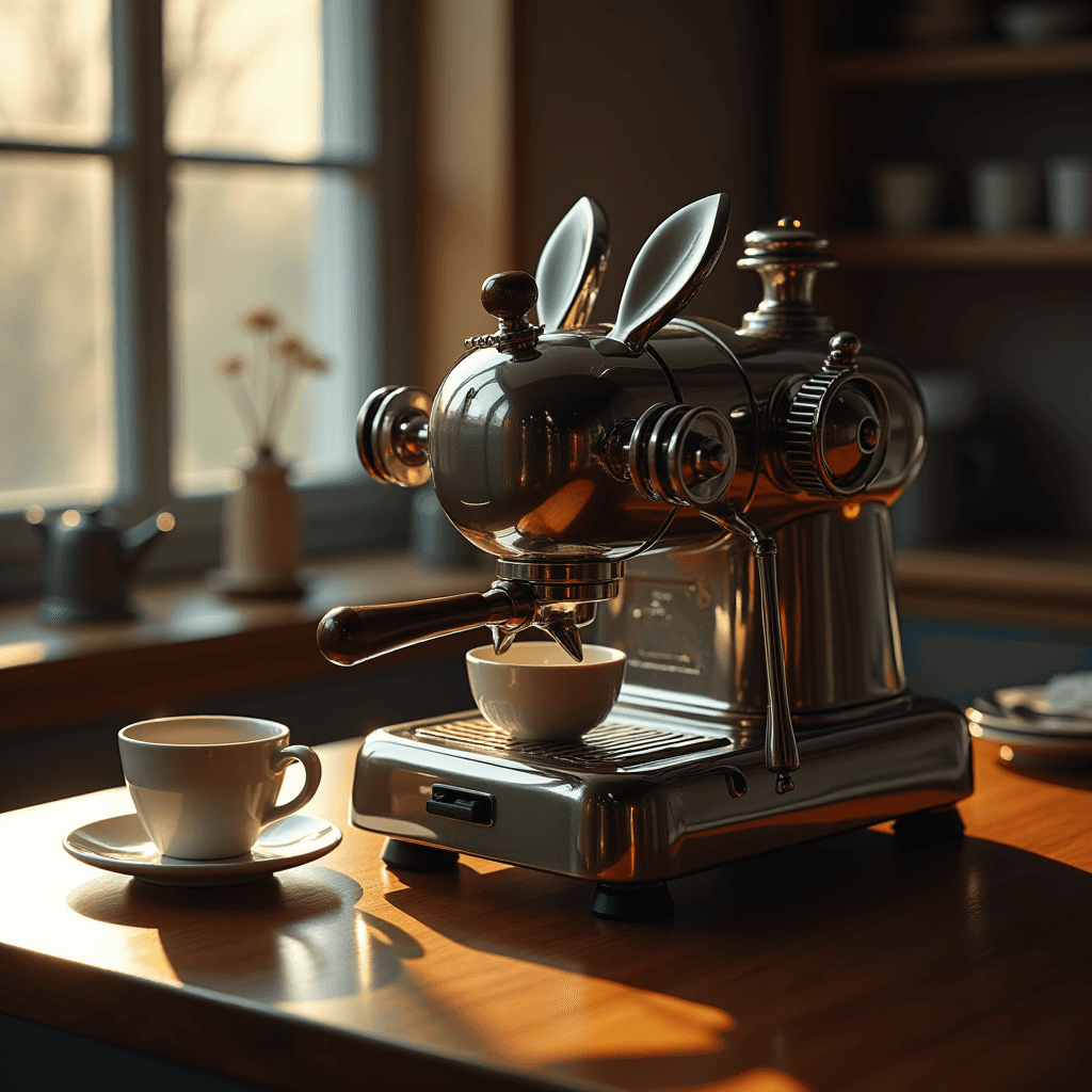 A vintage-style espresso machine with a whimsical design, featuring an afternoon coffee setup by a sunlit window.