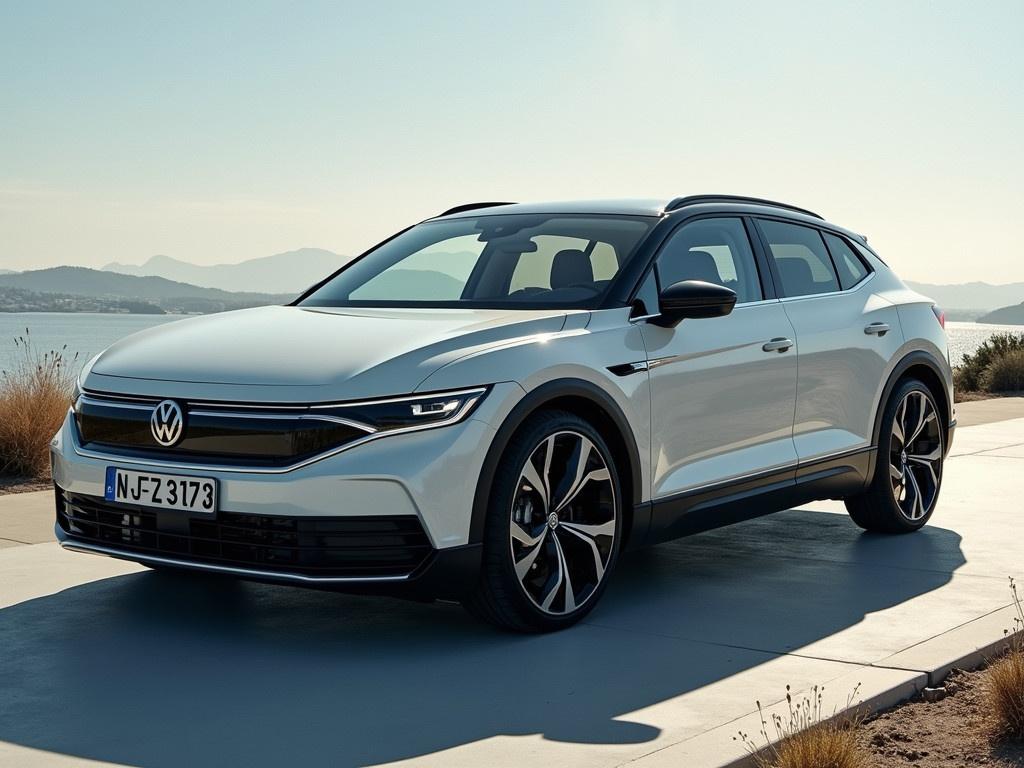 A sleek electric Volkswagen car parked outdoors. The vehicle showcases modern design elements and is positioned against a clear blue sky. The background features a serene natural landscape with soft hills.