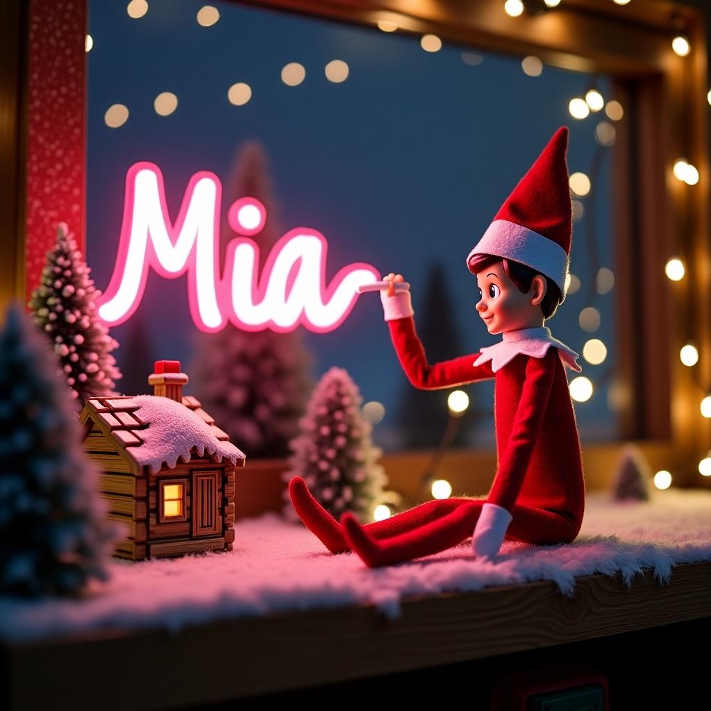 Enchanted Christmas scene features elf on the shelf dressed in red and white. Elf wields a magic wand. Writing Mia in pink glowing script. The backdrop has northern lights. The atmosphere is festive with a whimsical twist and a log cabin. Position and action evoke wonder and excitement for the holiday season.