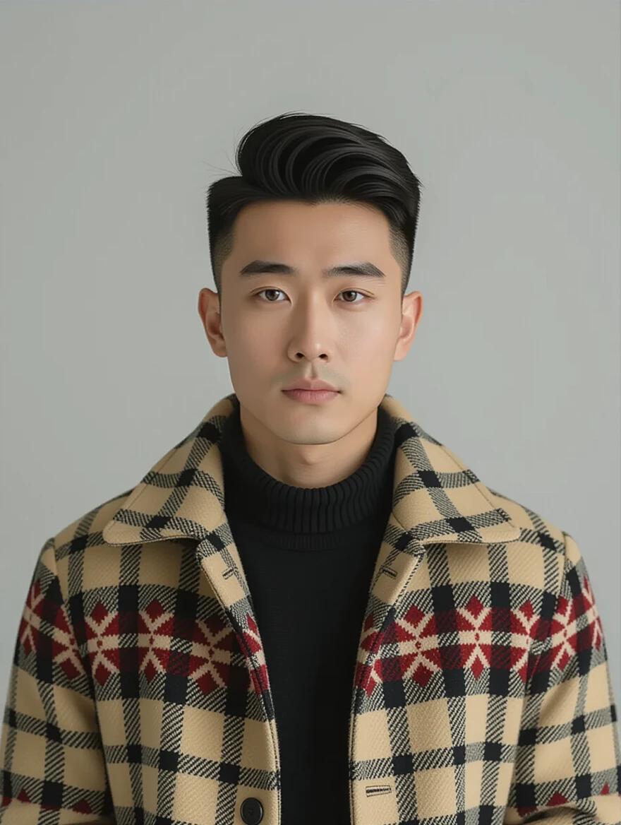 A Chinese male graduate student styled in winter fashion, subtle haircut, expressing a thoughtful demeanor. High realism in portrait style with soft lighting.