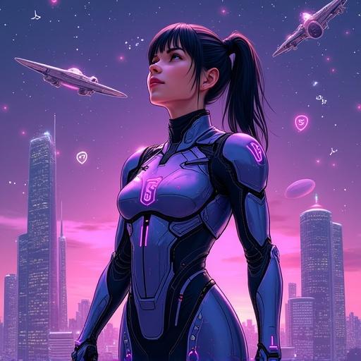 Full-length digital illustration of a young female cyborg. Short black hair in a low ponytail. Dark hazel eyes. Metallic armor suit in purple and blue with glowing circuits. Confident smile looking at the night sky. Sky filled with stars and constellations. Sleek glowing spaceships around tall skyscrapers. Holographic formulas and DNA helixes float nearby. Futuristic cityscape in the background. White text in modern font at the bottom. Rich color palette with deep purples and blues. High contrast lighting and sharp details.