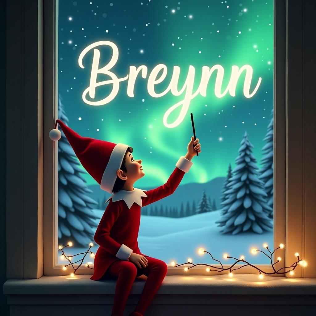 An elf on the shelf sits on a windowsill. The elf looks up at the northern lights. The elf uses a wand to write 'Brelynn' in the sky. There is a snowy landscape with pine trees in the background. Twinkling lights add to the festive atmosphere. The elf wears a classic red outfit and a pointy hat. A feeling of wonder and joy fills the image.