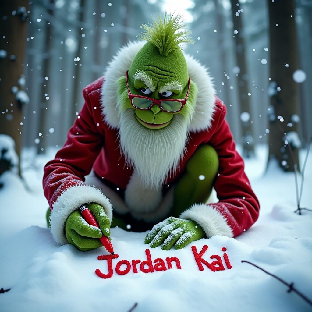 The Grinch is kneeling in a snowy forest. He writes 'Jordan Kai' in the snow with a red marker. Snowflakes fall gently, creating a magical winter atmosphere. The scene captures the essence of Christmas with a personalized touch. His long white beard and glasses add classic appeal.