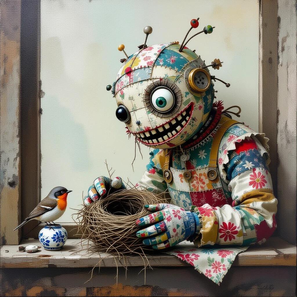 A creature made of stitched fabric and metal. Creature has a button for an eye. The creature mends a bird’s nest on a windowsill. Bright floral patterns on the fabric. The scene evokes soft melancholy. Mixed-media collage style. Mismatched ceramics for teeth. Texture from brush and textile elements.