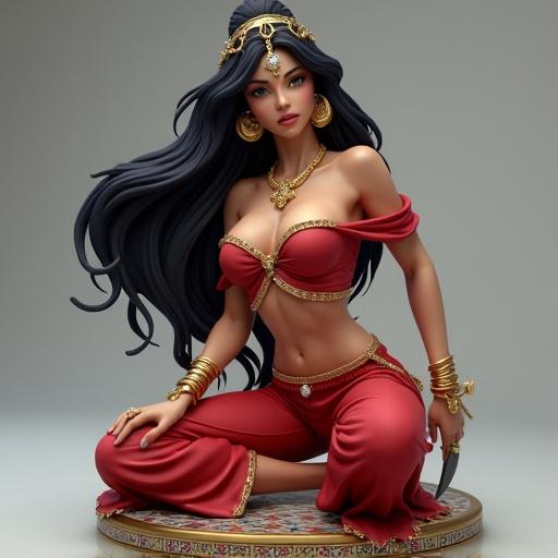 Detailed resin statue inspired by Princess Jasmine sits in a confident pose wearing a deep red exotic dancer outfit with gold accents. Long black hair styled in a half-ponytail. Holds a curved dagger and has an attitude. Base features arabesque mosaic design. Highly detailed and hypersexualized.