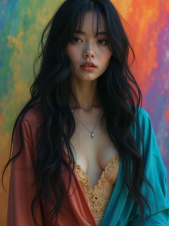 Beautiful woman with long black hair. Draped in many colors. Merging with the colorful background. Evokes fantasy and surrealism.