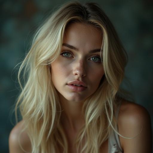 Close-up portrait of a blonde woman with hypnotized expression. Soft lighting accentuates her features and blue eyes. Background is out of focus.