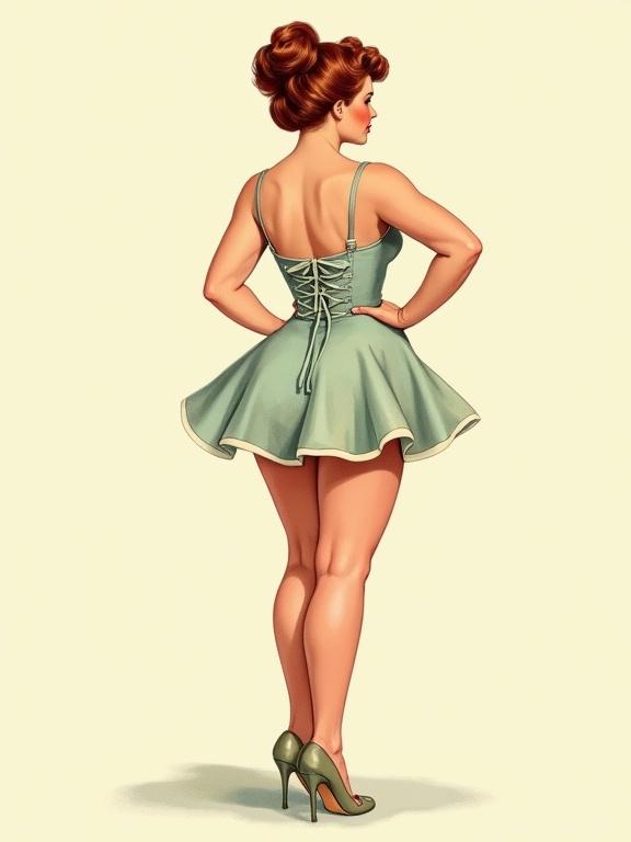 Illustration of a pinup model wearing a pastel green minidress with high heels. Young woman with a curvy figure is shown from behind. Vintage style with a soft, retro feel. The dress has a lace-up back.