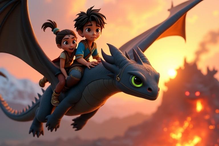 A 15-year-old boy named Arjun rides a black dragon named Agni with a girl named Meena. They fly through a colorful Himalayan sky at sunset. A huge dark dragon named Mahabali lurks in the background over a fiery battlefield.