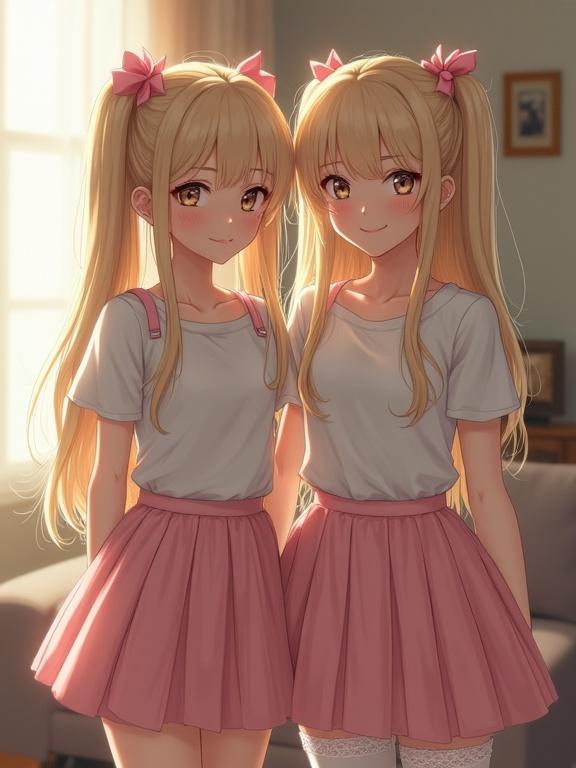 Two anime-style girls with long blonde hair in twin tails. They wear pink bows and matching pleated skirts. The setting is a living room with warm sunlight. They have bright smiles, exhibit youthful energy, and their outfits feature high socks with lace details.