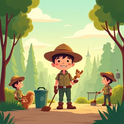 Digital illustration for youth environmental crew t-shirt. Features cheerful cartoon park ranger with cute features. Ranger wearing hat and gloves. Sweeping trash with smiling trash bin. Squirrel and bird assisting happily. Center in clean city park. Background with young rangers cleaning park. Simplified tall trees silhouettes and Masjid Agung Kabupaten Bandung in back. Soft drifting clouds. Pastel mint, terracotta, forest green, warm yellow tones. Golden hour lighting creates warm mood. Medium and wide shot combined for design. Created in Procreate and Adobe Illustrator with flat cel shading and warm ambient lighting. Hybrid Pixar and Ghibli cartoon style. Symmetrical composition inspired by Wes Anderson. Ideal for Gen Z clothing.
