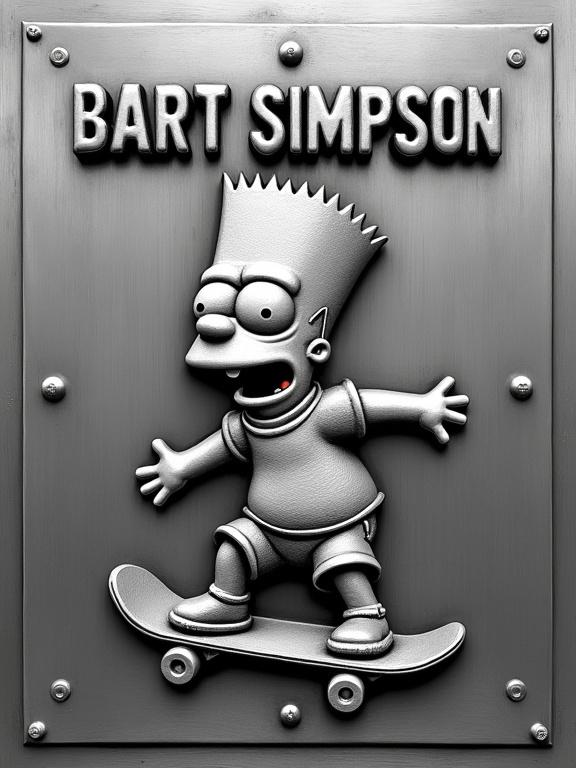 Detailed high-relief engraving on polished steel depicting Bart Simpson skateboarding. Signature spiky hair and mischievous grin captured. Intricate textured details and sharp lines showcase three-dimensional effect. Name 'BART SIMPSON' engraved above in bold letters. Framed by thick steel border with rivets. Smooth brushed steel background enhances metallic sheen.
