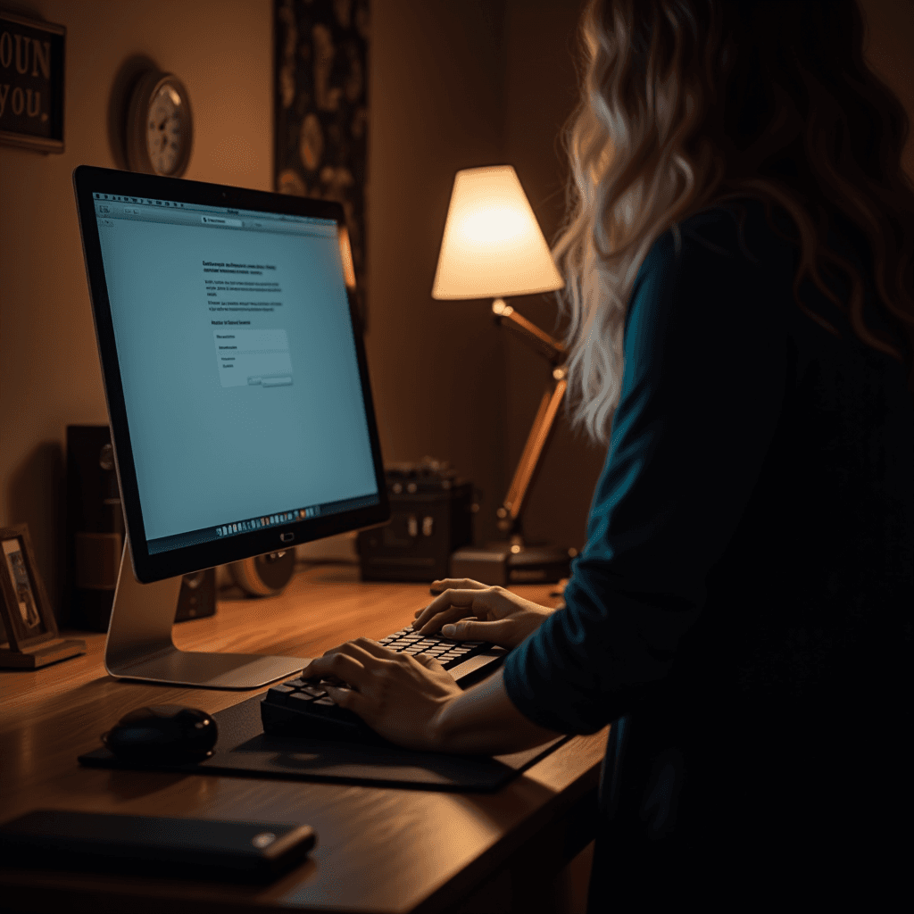 A person is using a computer at a desk with a warm lamp lighting the scene.