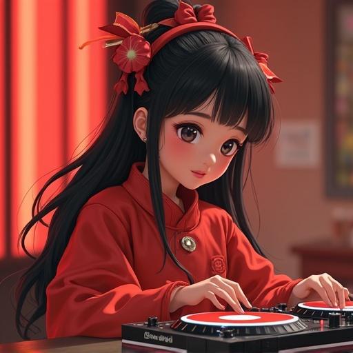 Vibrant stage of a world dance contest with a dreamy angle. The focal point is a cute female DJ skillfully mixing tracks while dancing to disco rhythms. She radiates a joyful smile with sparkling blue eyes. The background features a lively audience dancing under dazzling lights.
