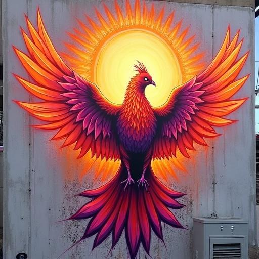 Street mural depicts a phoenix bursting from a halo of solar flares. Feathers explode in neon oranges and magentas on a concrete wall. Spray paint style, radiating emotion with dynamic motion, bold fade and stencil overlay.